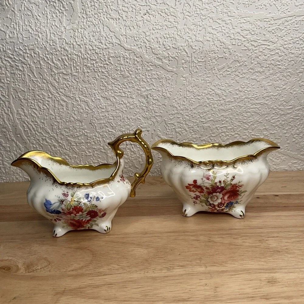 VTG Hammersley Lady Patricia Gold Signed FHoward Creamer Milk Jug Sugar Bowl Set